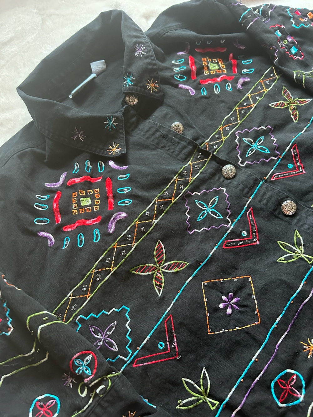 Liz & Me Vintage Black Button Down Top with Multicolor Embroidery with Beading